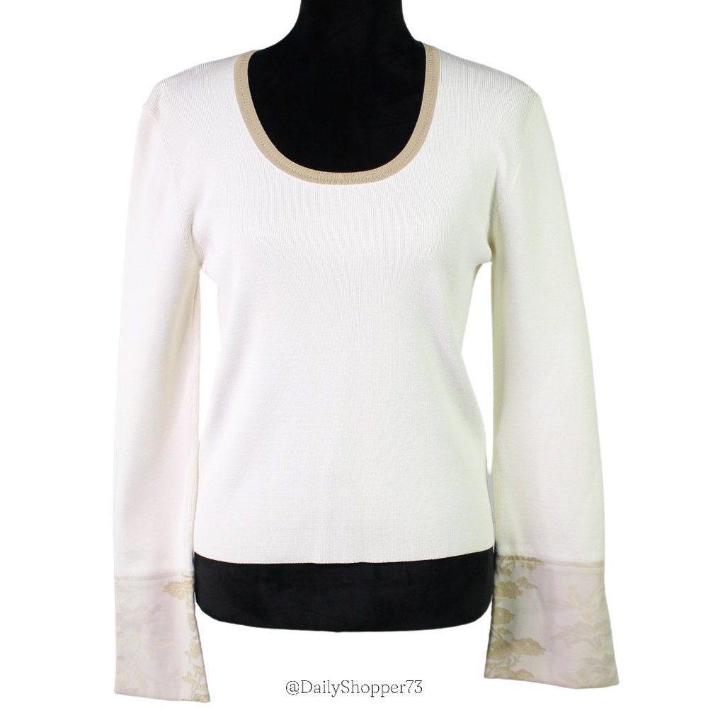 Apara Sport Women's Ivory Scoop Neck Jacquard Folded Cuff Knit Sweater